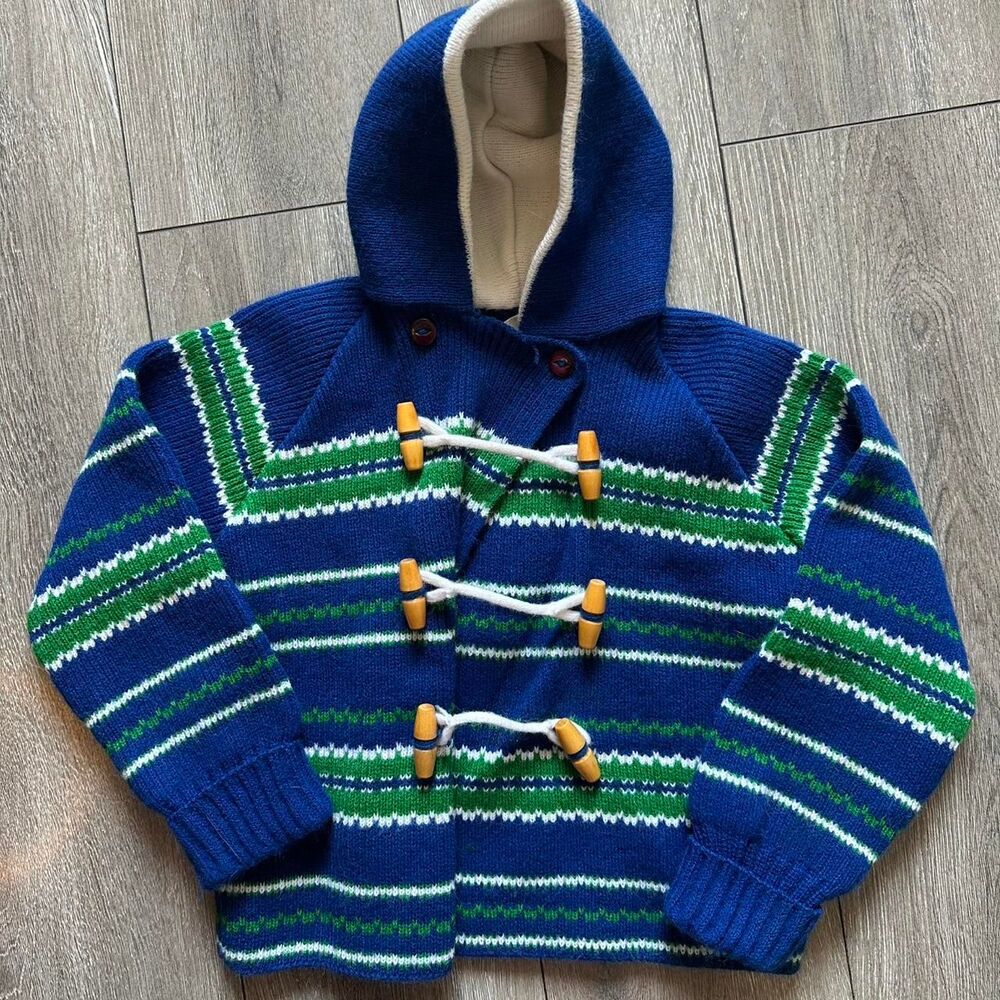 Vintage Kids Lord & Taylor blue striped acrylic knit duffle coat with hood